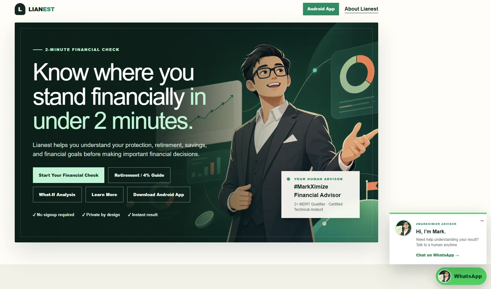 Lianest financial-check homepage with planning tools and an advisor contact area